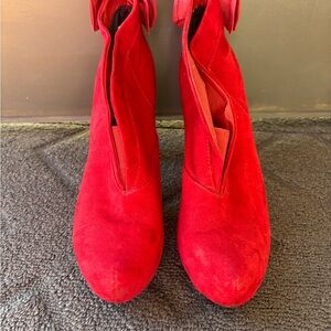 G by Guess Red Suede Ankle Boots with Lace Up Bow Detail on the Back